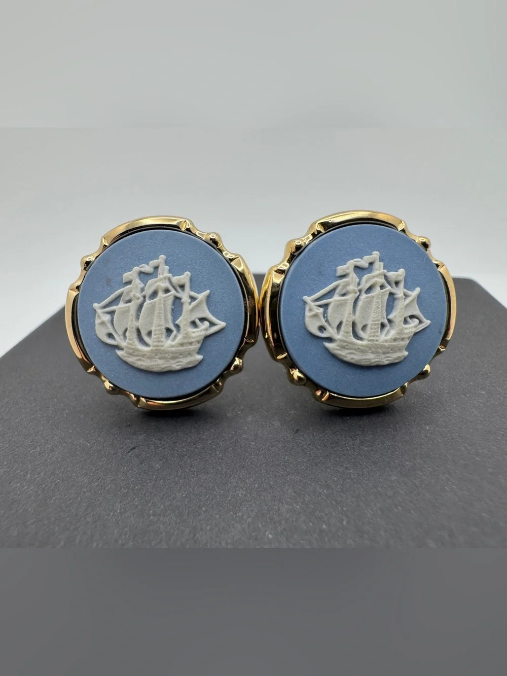 Wedgewood by Stratton Blue Jasperware Ship Cufflinks